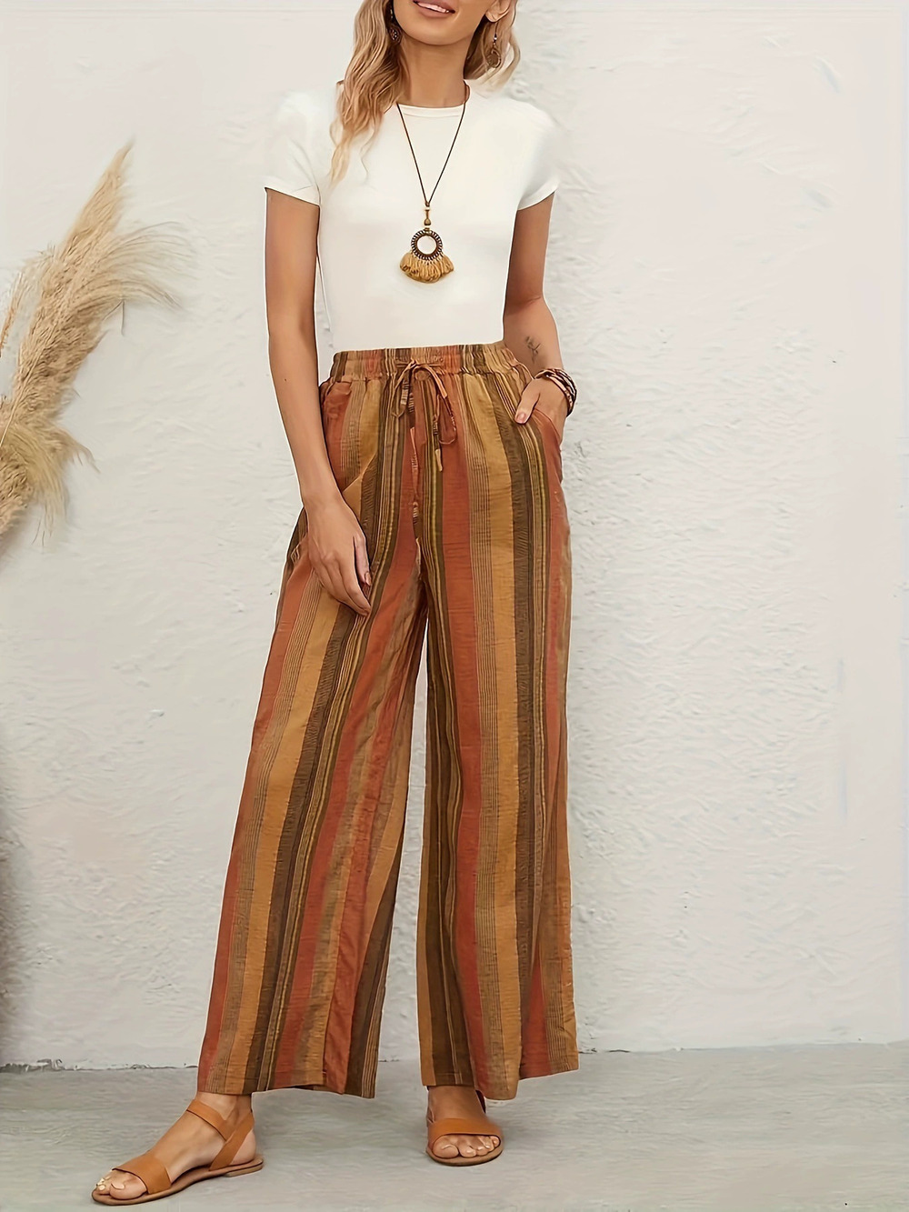 Forever 21 Women's Striped Loose Harem Pants Summer Vintage Casual Lightweight